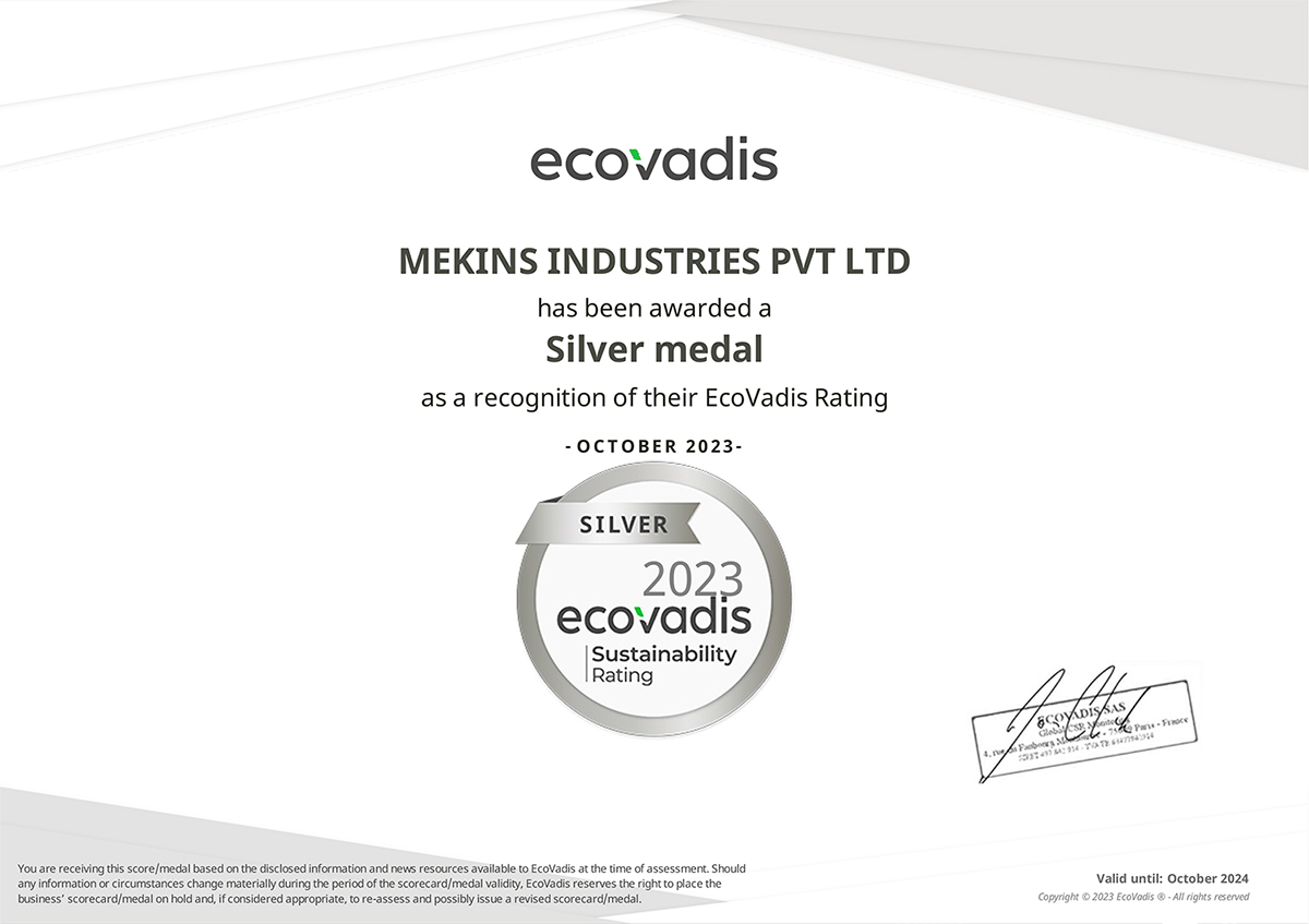 EcoVadis Silver Medal 2023 certificate awarded to Mekins Industries for sustainability performance and ethical practices