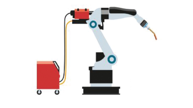 Illustration of robotic welding machine setup with power source and manipulator arm