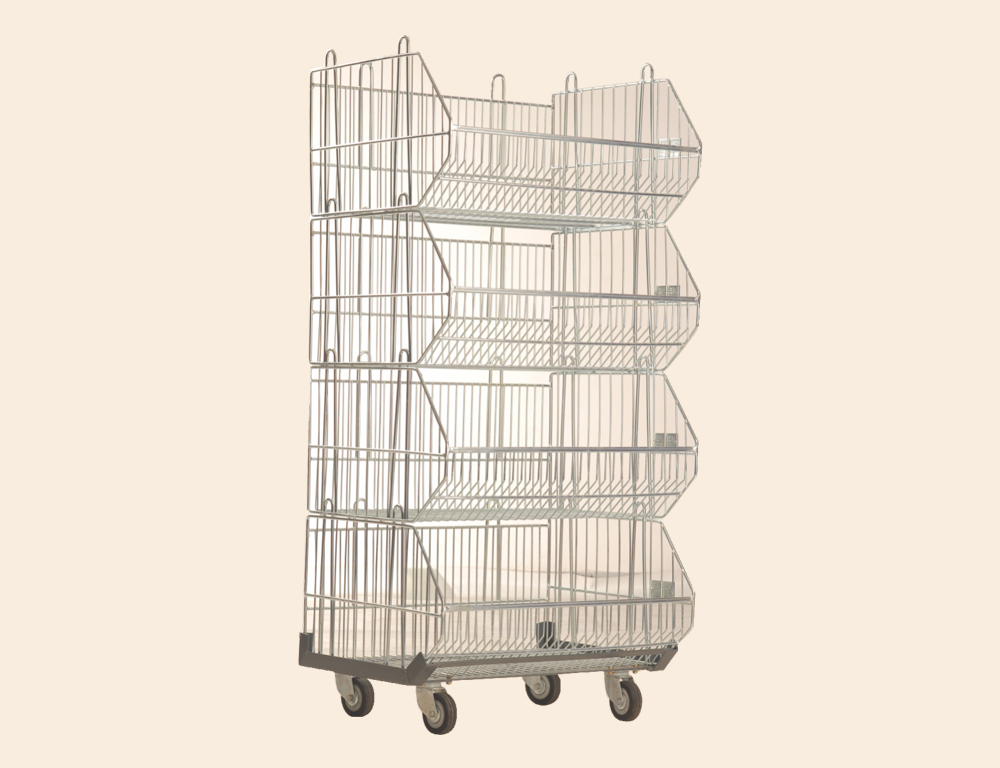 Multi-tier wired display bin with wheels for retail product showcasing